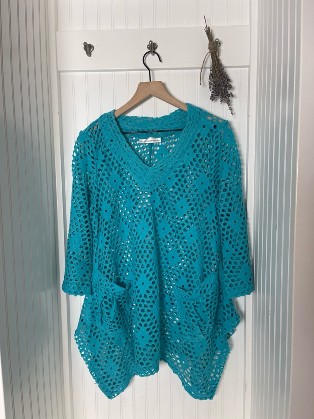 Turquoise Crochet V-Neck Tunic with Pockets